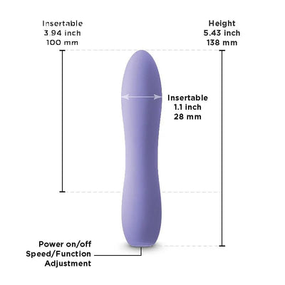 Purple silicone vibrator with dimensions and control button labeled for power and speed adjustment.