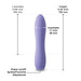Purple silicone vibrator with dimensions and control button labeled for power and speed adjustment.