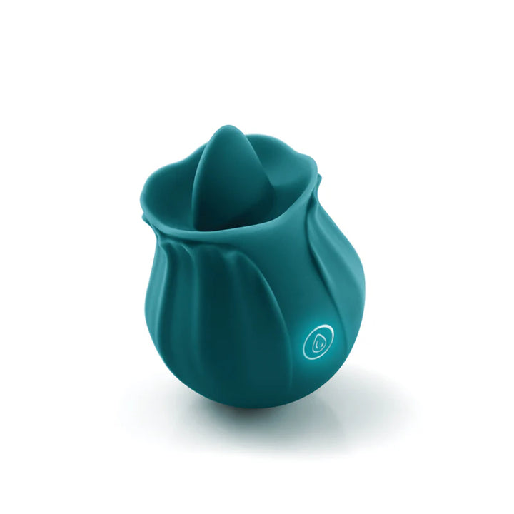 Dark teal silicone clitoral stimulator shaped like a rosebud with a single button control on the side.