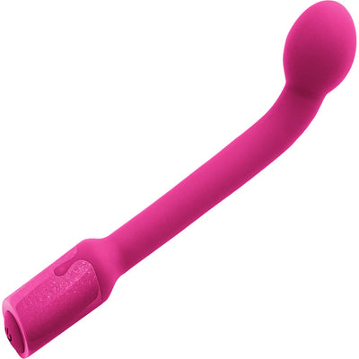 Pink rechargeable G-spot vibrator with curved, bulbous head and smooth silicone finish.