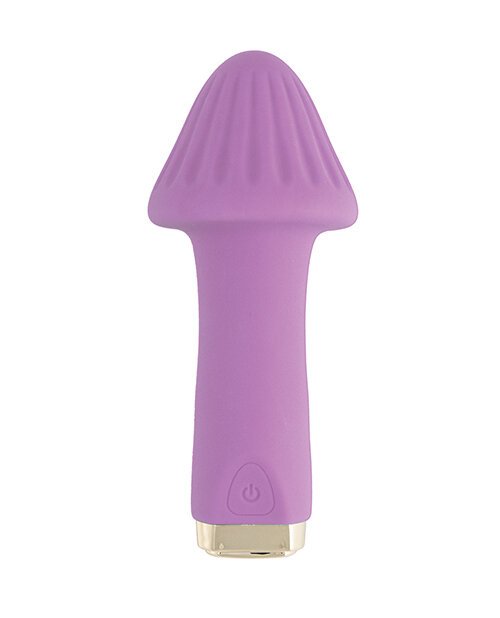 Purple mushroom-shaped personal massager with textured cap and power button on the stem.