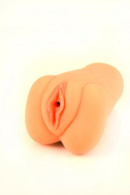 Realistic skin-textured masturbation sleeve with detailed anatomy and soft, lifelike material in a compact design.