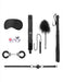 Introductory bondage kit with black satin mask, leather collar with leash, feather tickler, flogger, furry handcuffs, ball gag, and sex dice.