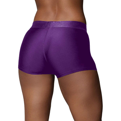Back view of a person wearing purple vibrating strap-on boxer shorts with a smooth, fitted design.