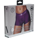Packaging of Ouch! Vibrating Strap-on Boxer in purple, showing front view of the product worn on model.