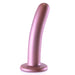 Rose gold smooth silicone G-spot dildo with curved shape and suction cup base standing upright on white background.