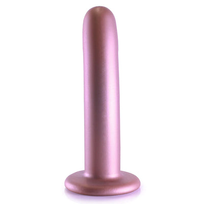 Rose gold smooth silicone 6-inch G-spot dildo with a strong suction cup base.
