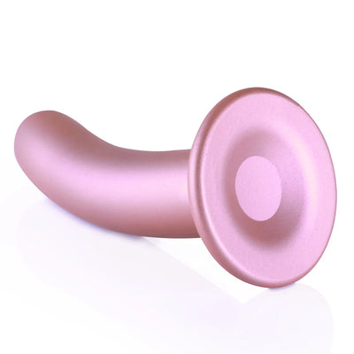 Rose gold smooth silicone 6-inch G-spot dildo with strong suction cup base on white background.