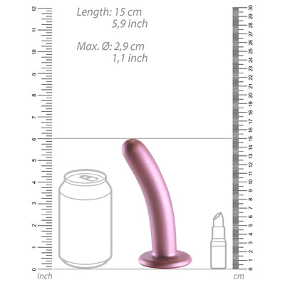 Rose gold smooth silicone G-spot dildo with curved shape and suction base, shown with size comparison to can and lipstick.