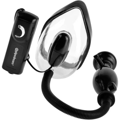Ff Extrm Vibrating Pussy Pump with clear contoured cup, black suction pump, and wired hand control dial.