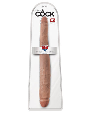 King Cock 16-inch tapered double-ended dildo in beige with realistic texture, packaged in clear blister pack.