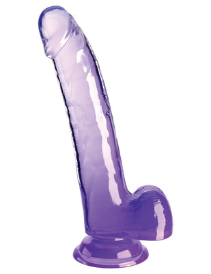 Translucent purple 9-inch dildo with detailed veins and suction cup base for hands-free use.