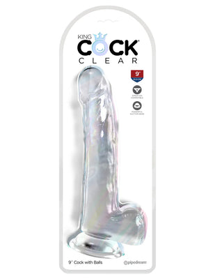 Clear 9-inch realistic dildo with suction cup base and detailed veins in retail packaging.