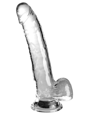 Clear translucent dildo with detailed veins and suction cup base, 9 inches long with realistic design.