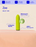 Compact lime green bullet vibrator with a curved design, USB-C rechargeable and waterproof for easy cleaning.