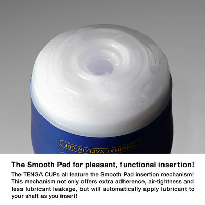 Close-up of Tenga Premium Original Vacuum Cup showing the smooth pad insertion mechanism for enhanced comfort and lubrication.