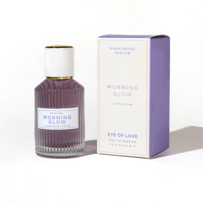Eye of Love Morning Glow pheromone parfum bottle with white and lavender box on white background
