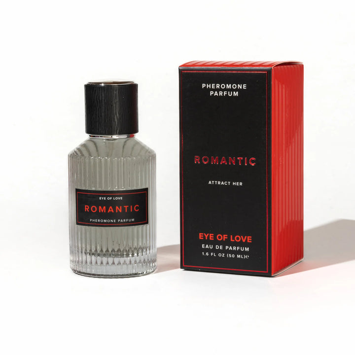 Eye of Love Romantic pheromone perfume bottle and black and red packaging box on white background.