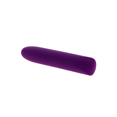 Purple rechargeable silicone bullet vibrator with smooth curved design and discreet Playboy logo.