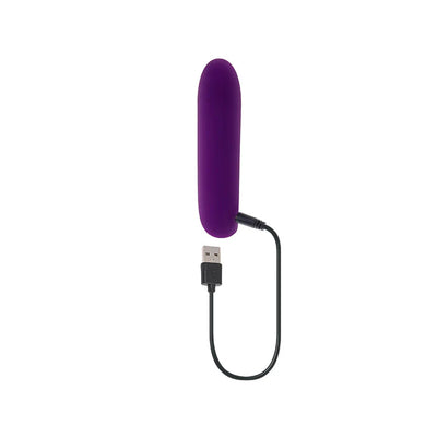 Purple rechargeable silicone bullet vibrator with USB charging cable on white background.