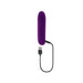 Purple rechargeable silicone bullet vibrator with USB charging cable on white background.
