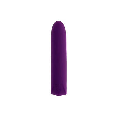 Purple silicone bullet vibrator with smooth finish and subtle Playboy bunny logo at base.