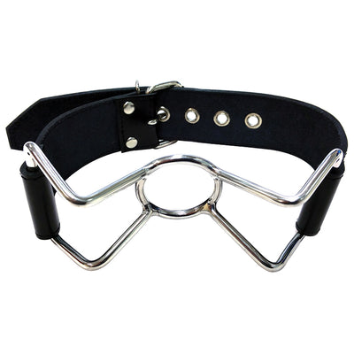 Adjustable spider gag with stainless steel frame and black leather straps designed for secure and comfortable restraint.