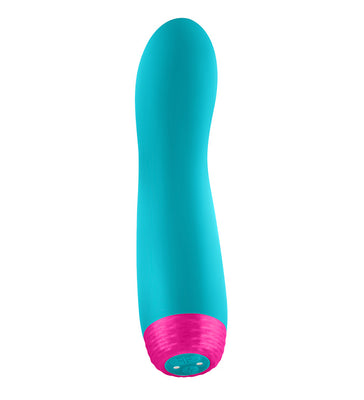 Blue and pink rechargeable silicone rotating bullet vibrator with ergonomic shape and control buttons at the base.