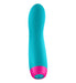 Blue and pink rechargeable silicone rotating bullet vibrator with ergonomic shape and control buttons at the base.