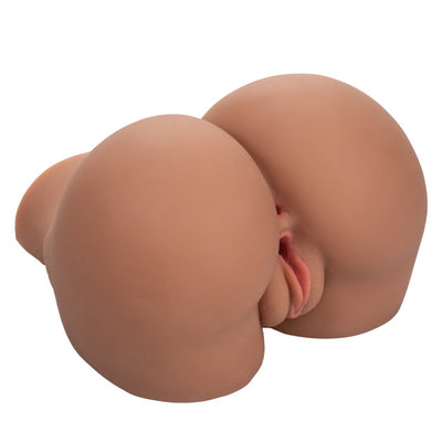 Brown realistic textured stroker toy shaped like a plump pair of buttocks with detailed pink lips.