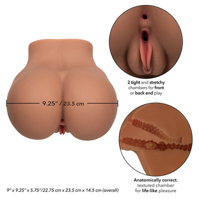 Brown realistic stroker toy with dual textured chambers for front and back play, measuring 9.25 inches wide.