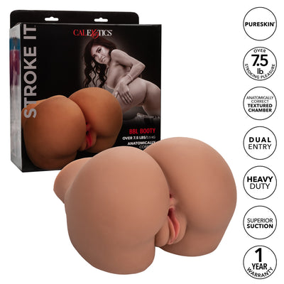 Brown realistic textured stroker toy with dual entry, heavy-duty design, and packaging showing product features and model image.