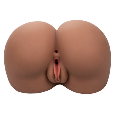 Realistic brown stroker toy with lifelike textured dual pleasure chambers and plush soft design.