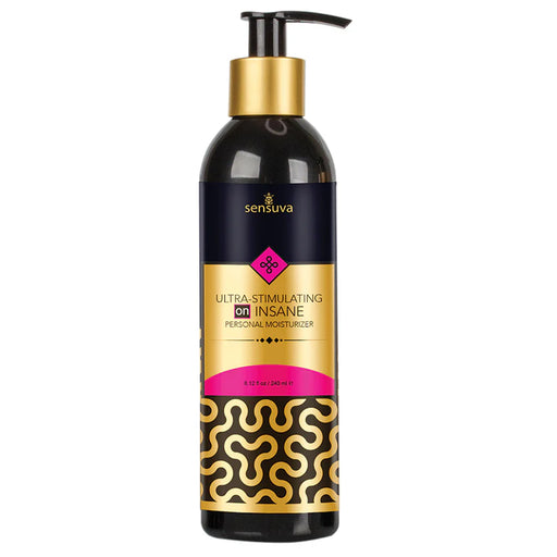 Bottle of Sensuva Ultra-Stimulating On Insane personal moisturizer with black, gold, and pink label and pump dispenser.