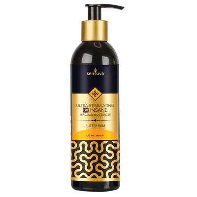 Sensuva Ultra-stimulating On Insane personal moisturizer in Butter Rum scent, 8 oz bottle with pump dispenser.