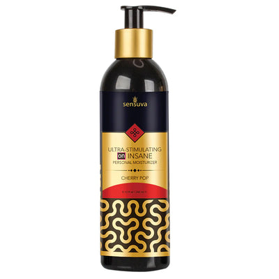 Sensuva Ultra-stimulating On Insane personal moisturizer bottle with black and gold design, cherry pop scent, 8 fl. oz. pump dispenser.