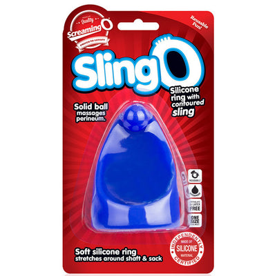 Blue silicone SlingO ring with solid ball for perineum massage, packaged in red Screaming O branded blister pack.