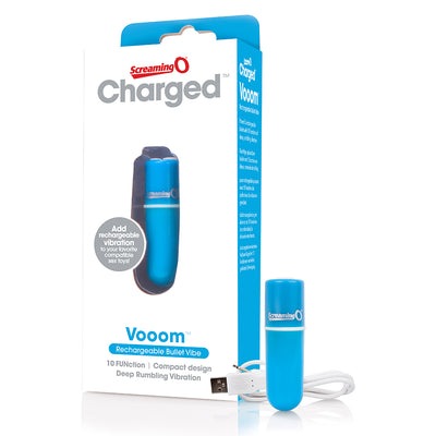 Blue Screaming O Charged Vooom rechargeable bullet vibe with USB charging cable and packaging box.