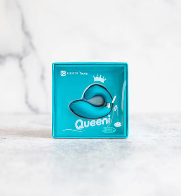 Blue swan-shaped finger vibrator in branded Queeni packaging on a light surface