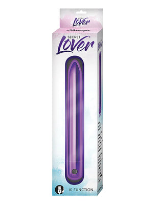 Packaging of Nasstoys Secret Lover Classic Vibrator in purple with 10 vibration functions shown on front.