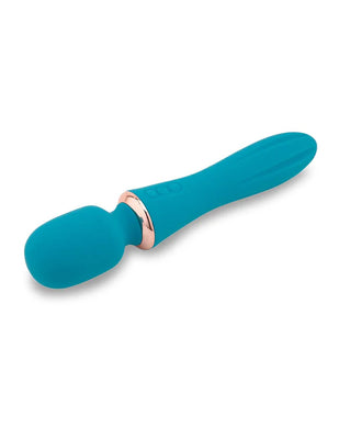 Teal mini wand vibrator with rose gold accent, ergonomic handle, and three-button control on a white background.