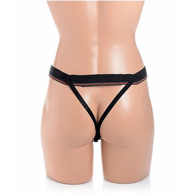 Back view of black adjustable nylon strap harness on mannequin hips for hollow silicone dildo strap-on.