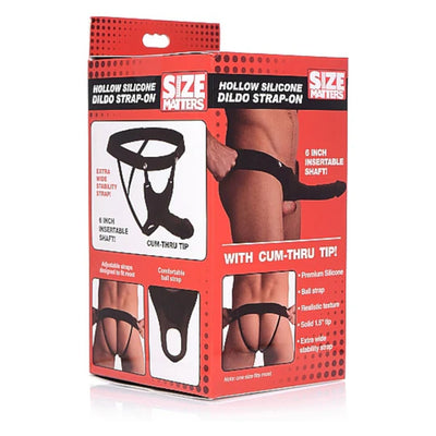 Packaging of a hollow silicone dildo strap-on with adjustable straps and cum-thru tip, shown worn on a model for fit demonstration.