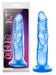 Blue translucent realistic dildo with suction cup base shown in packaging and standalone on white background.