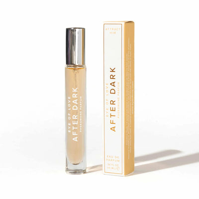 Eye of Love After Dark pheromone perfume 10ml in clear glass bottle with silver cap and gold-accented packaging box.
