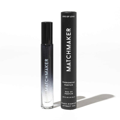 Eye of Love Matchmaker pheromone perfume 10ml bottle and black cylindrical packaging with white text on white background.