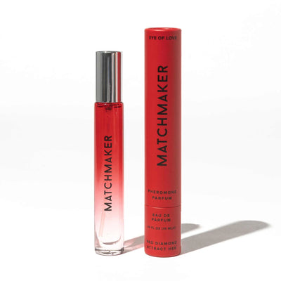 Eye of Love Matchmaker Red Diamond pheromone perfume 10ml with red cylindrical packaging and silver cap bottle.