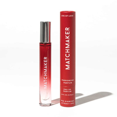 Eye of Love Matchmaker pheromone perfume 10ml in red ombre glass bottle with matching red cylindrical packaging.