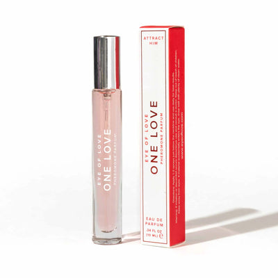 Eye of Love One Love pheromone perfume 10ml bottle with silver cap next to red and white packaging box.