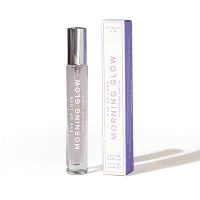 Eye of Love Morning Glow pheromone perfume 10ml bottle with silver cap and purple-accented packaging box on white background